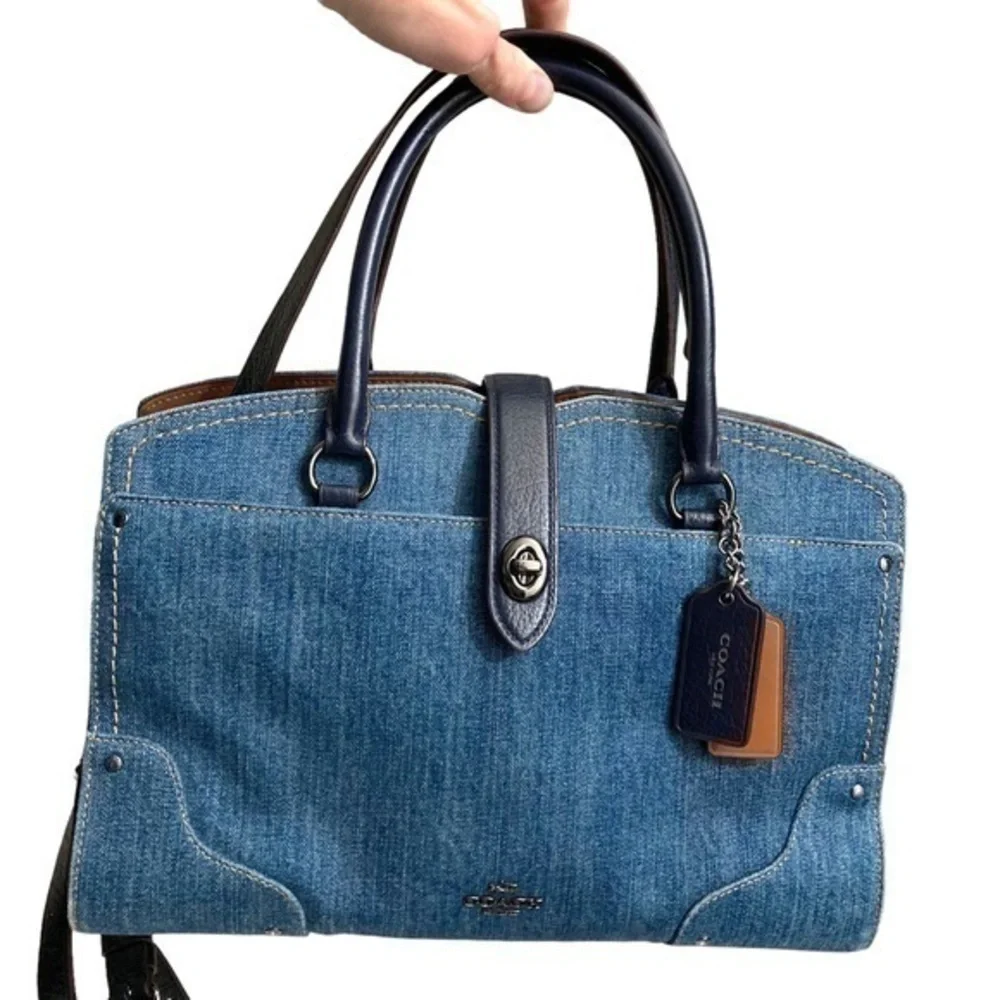 Coach Mercer 30 Satchel Colorblock Denim 37786 Dark Blue Leather Turnlock